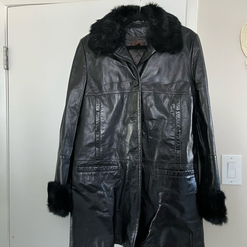 Danier Black Leather Coat with genuine fur trim.